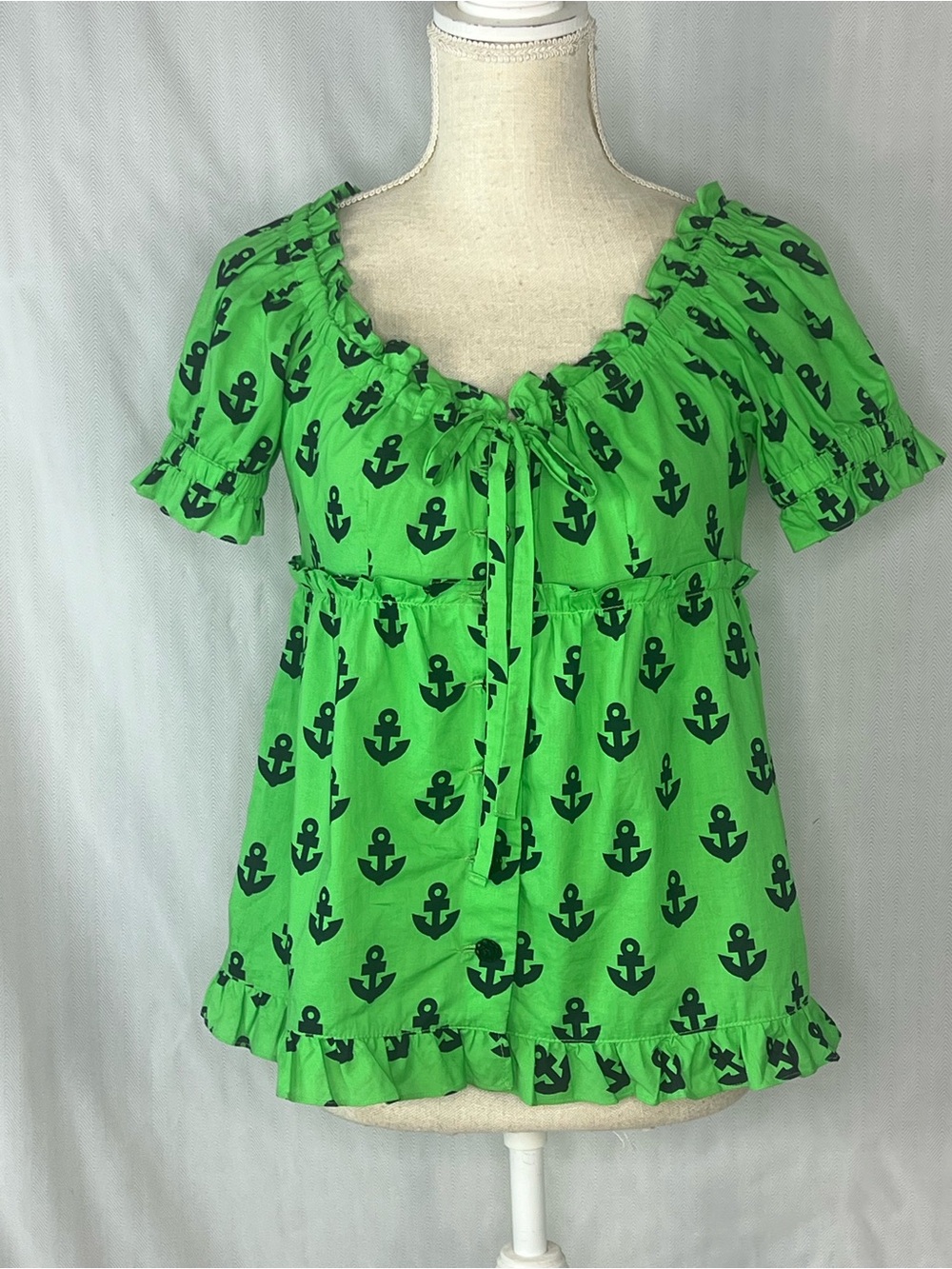 Nanette Lepore Vintage Anchor Top Green W/Black Anchors Ruffle Trim Cotton 4👍